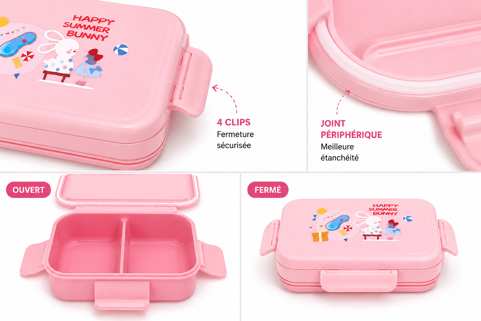 Set Repas Enfant Happy Summer Bunny – Lunch Box Compartimentée + Gourde Rose