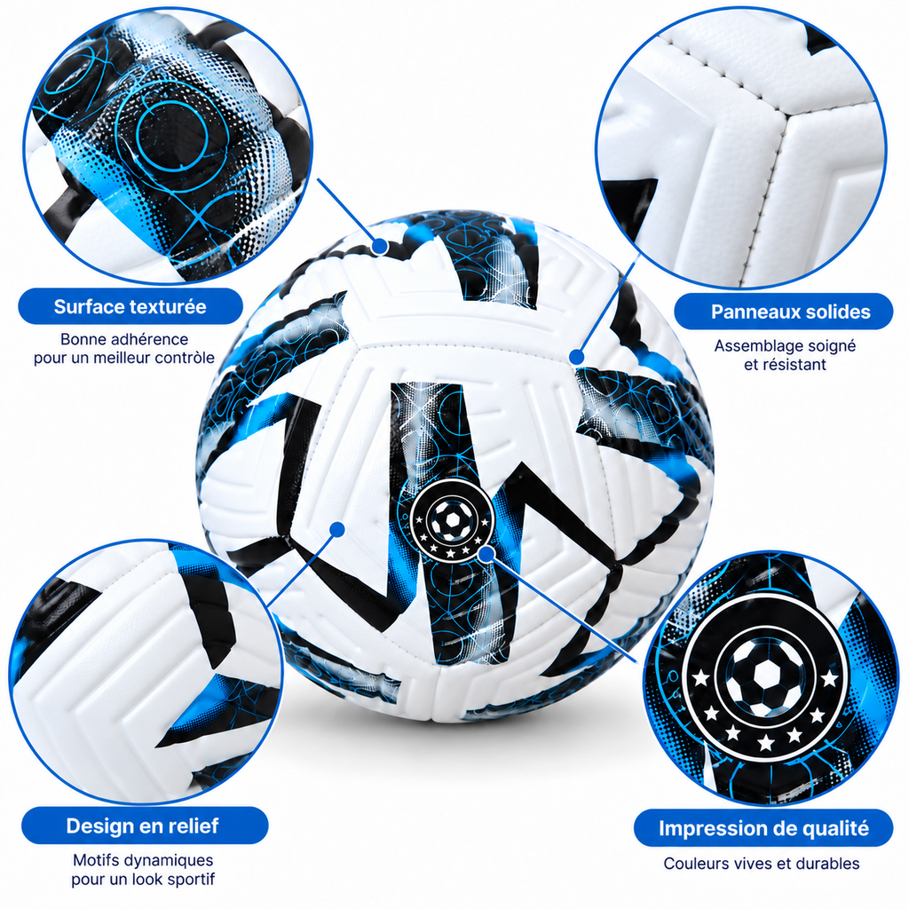 Ballon de Football Junior – 18 cm – Blanc, Noir & Bleu – 6 à 9 Ans