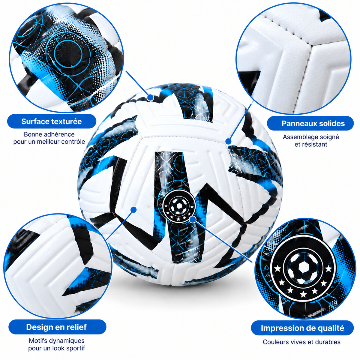 Ballon de Football Junior – 18 cm – Blanc, Noir & Bleu – 6 à 9 Ans