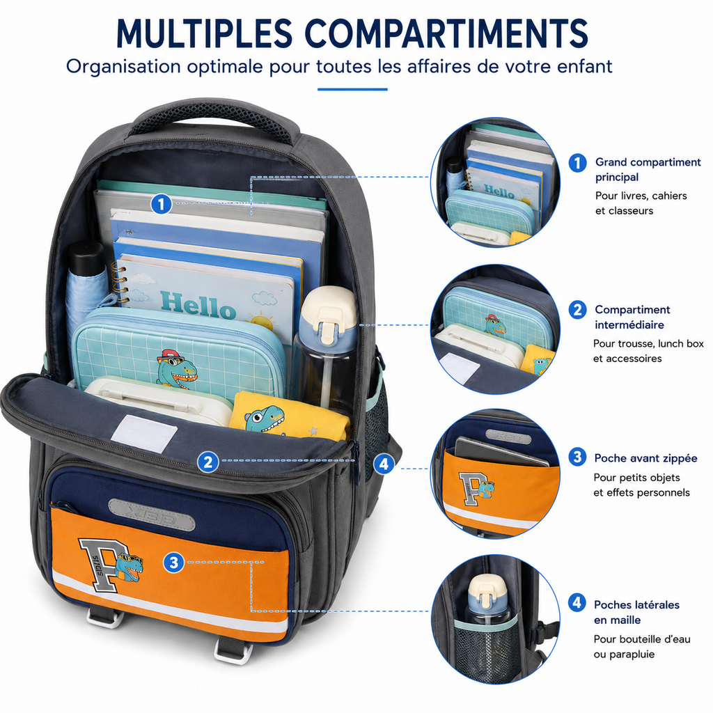 Sac à Dos Scolaire Enfant Dinosaure Classes de CM – Grande Capacité – Confort & Sécurité - Bleu