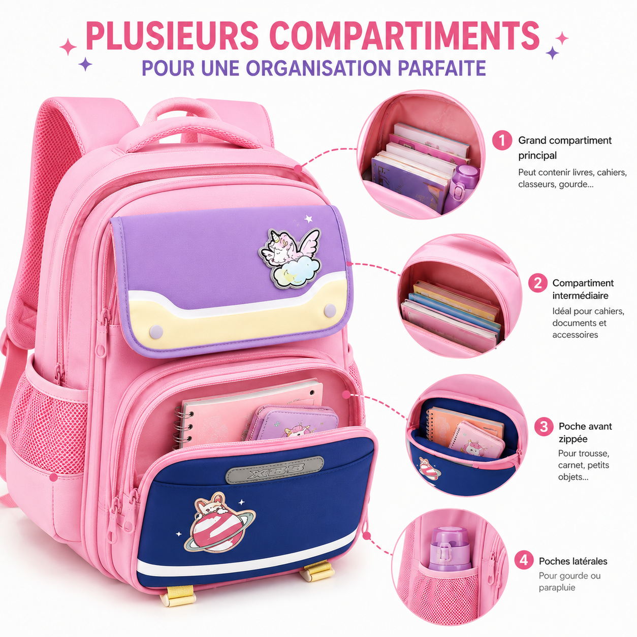 Sac à Dos Scolaire Fille Licorne Rose Classes de CM – Grande Capacité – Dos Respirant – Bretelles Rembourrées