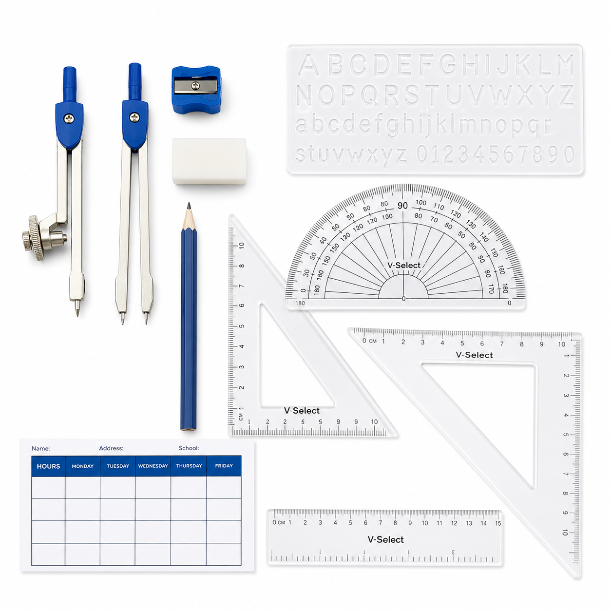 Coffret de géométrie VSelect 11 pièces – Boîte métallique complète