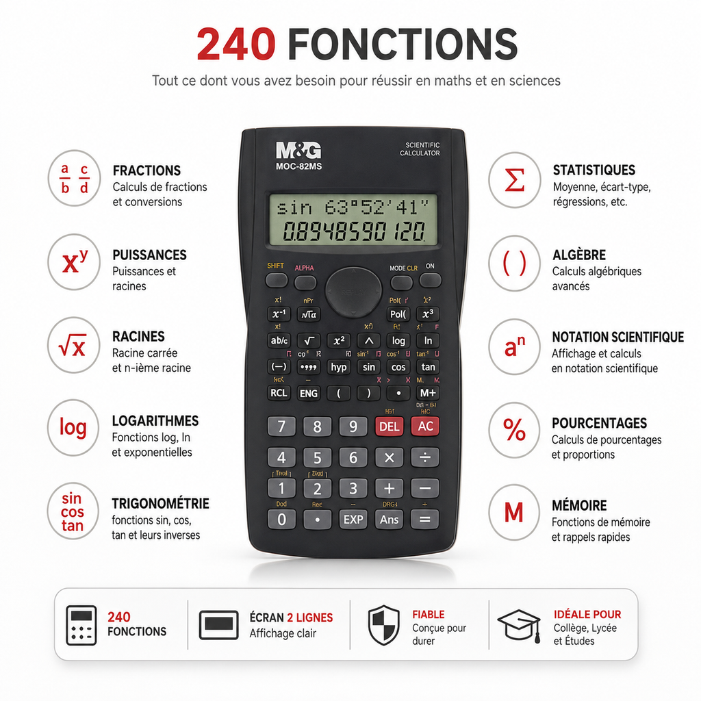 Calculatrice Scientifique M&G MOC-82MS – 240 Fonctions et Écran 2 Lignes