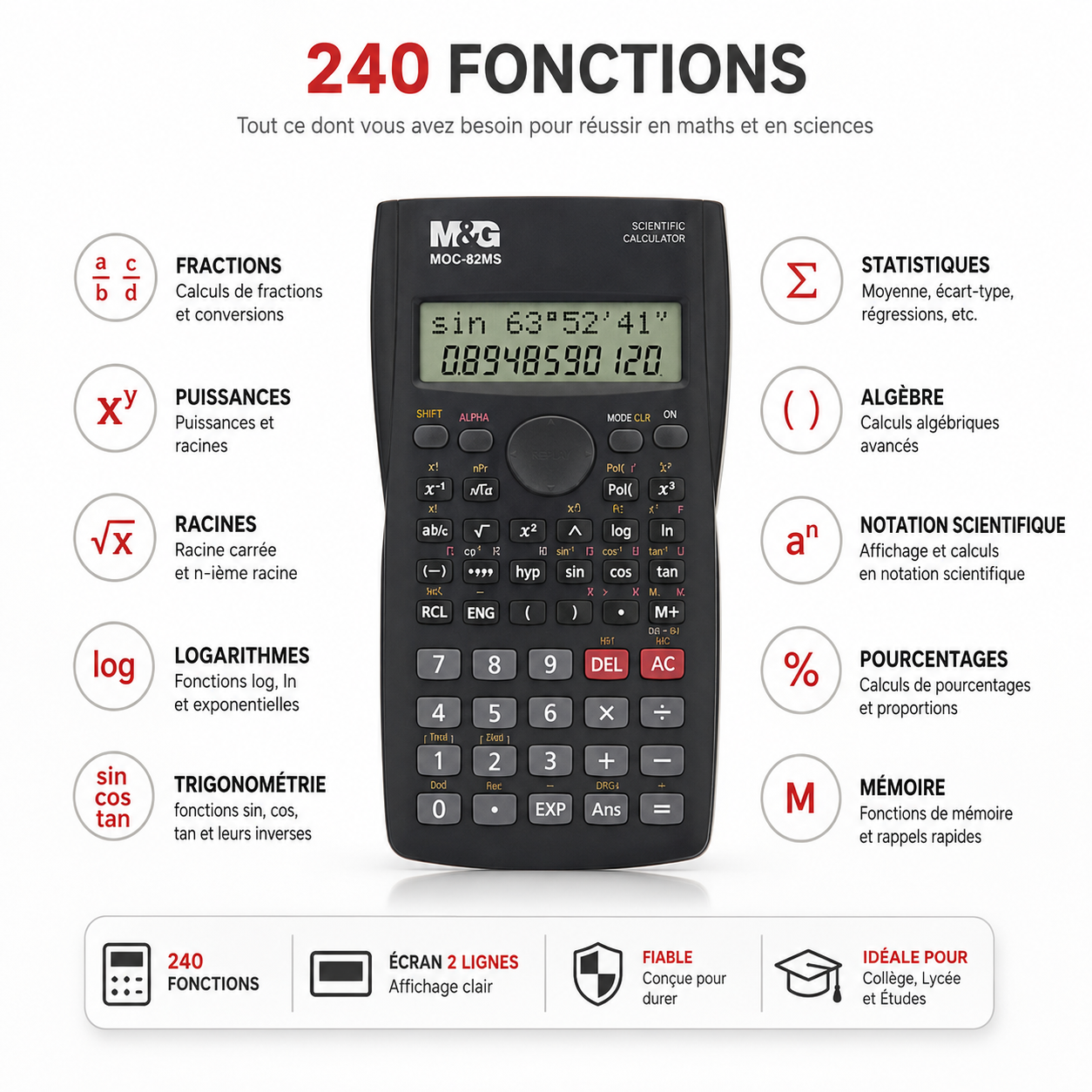 Calculatrice Scientifique M&G MOC-82MS – 240 Fonctions et Écran 2 Lignes
