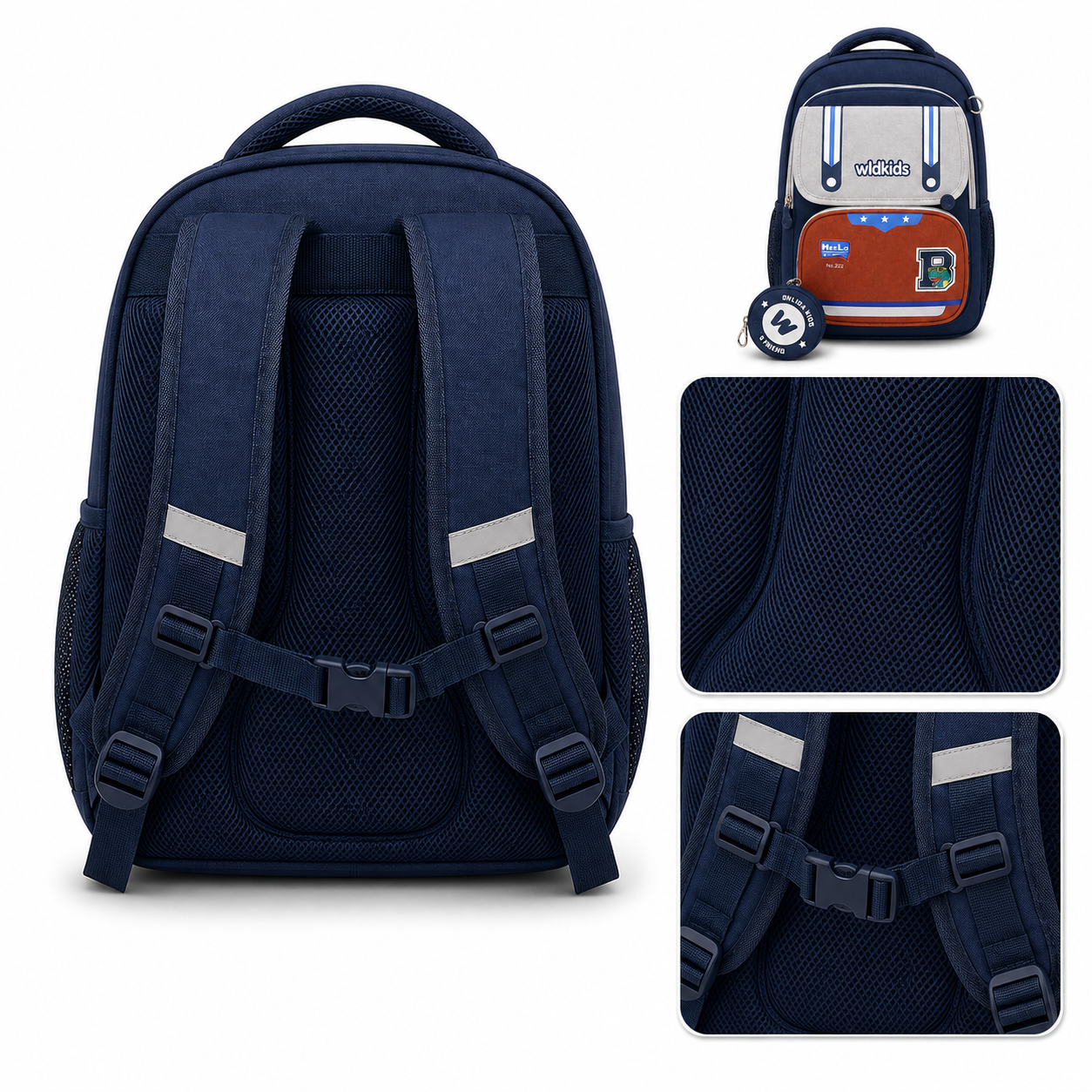 Sac à Dos Scolaire Wldkids - Classes de CE1 & CE2 – Bleu & Gris – Grande Capacité avec Trousse Ronde Amovible