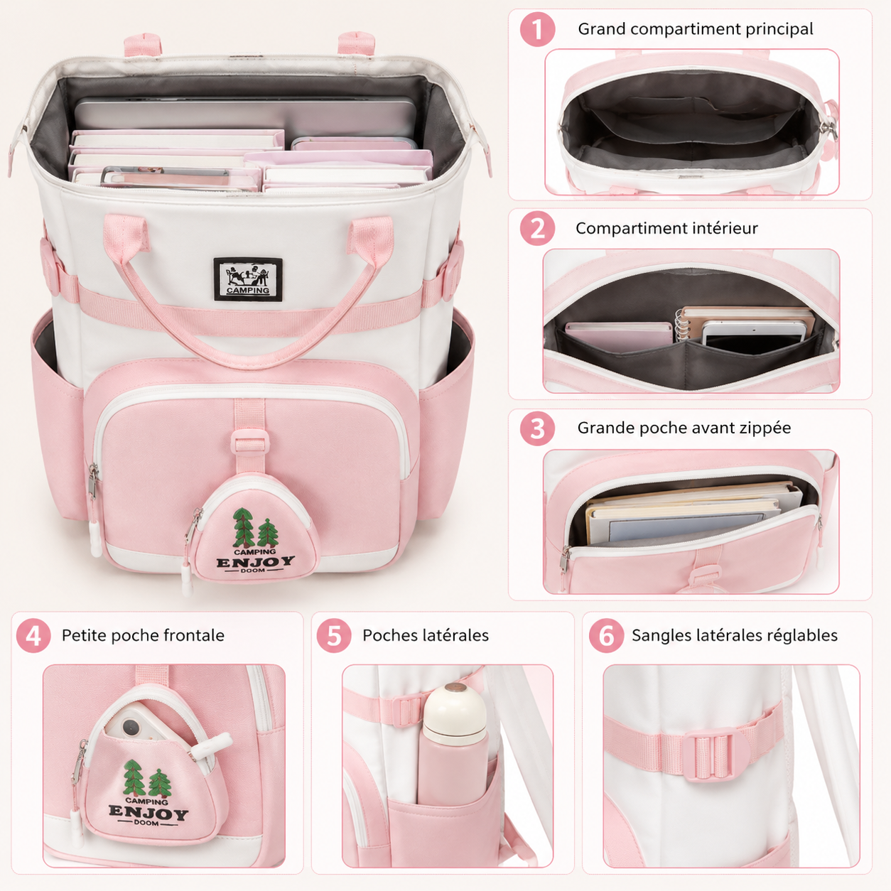 Sac à Dos Scolaire Fille Style Coréen en Toile - Rose et Blanc- Collège & Lycées