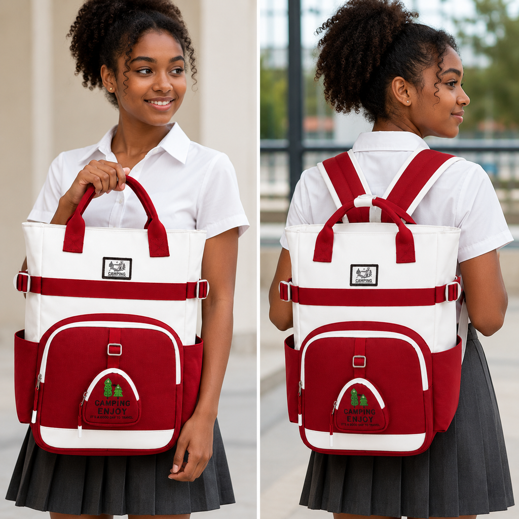 Sac à Dos Scolaire Fille Style Coréen en Toile - Rouge et Blanc – Collège & Lycée