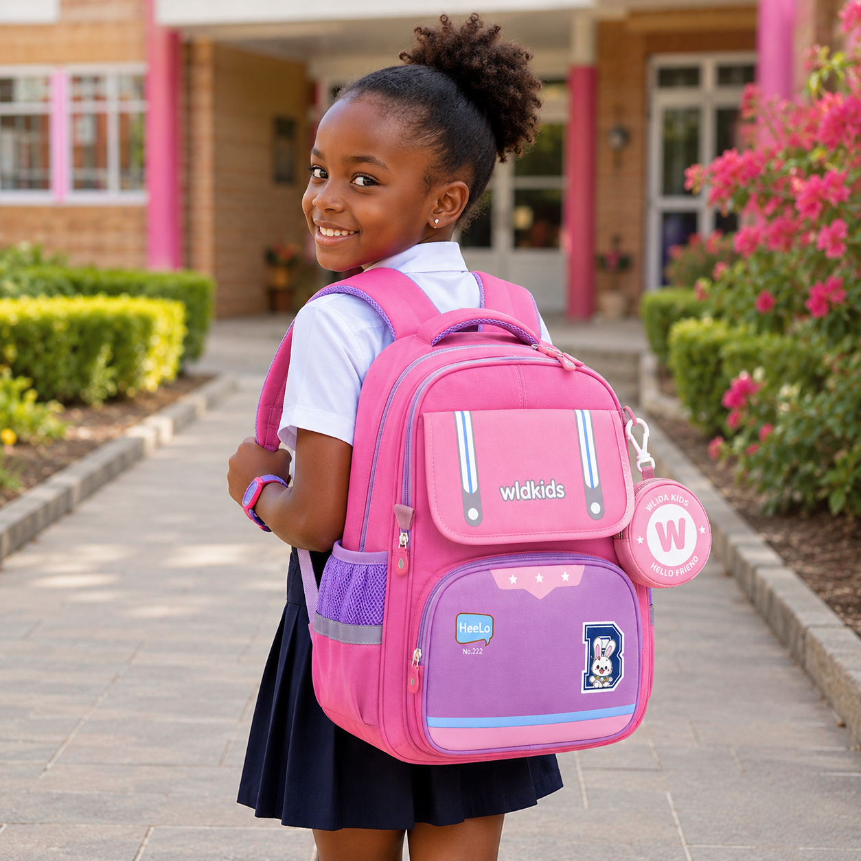Sac à Dos Scolaire Enfant Wldkids Rose – Classes de CE & CM – Avec Trousse Ronde Amovible