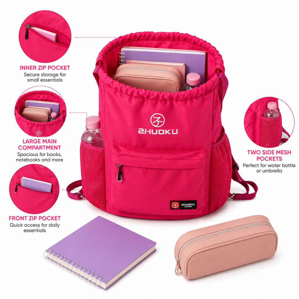 Sac à Dos à Cordon Rose Fuchsia 40 cm – Léger, Spacieux et Polyvalent