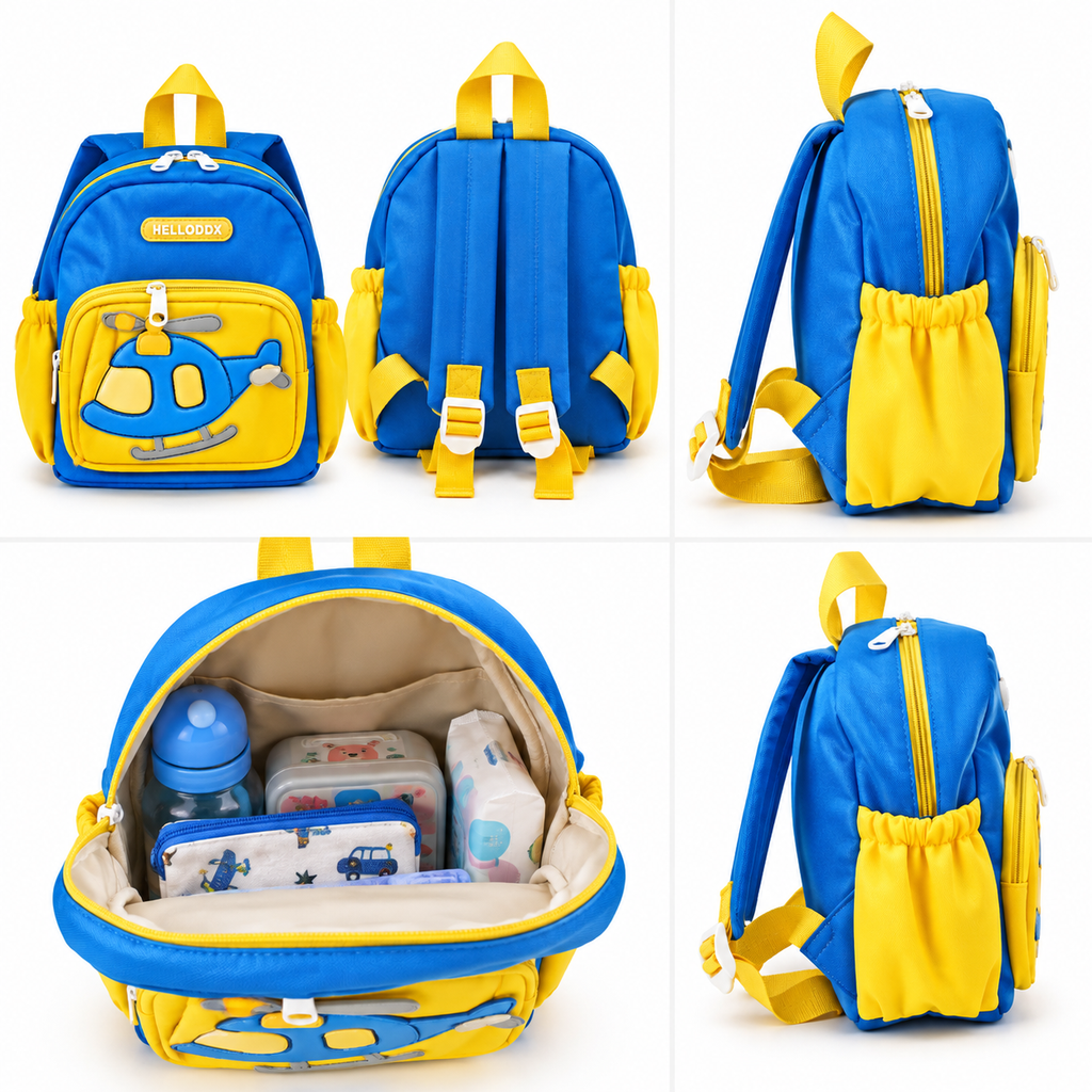 Sac à Dos Crèche & Maternelle Hélicoptère 3D Bleu Jaune – 25 × 23 × 12 cm