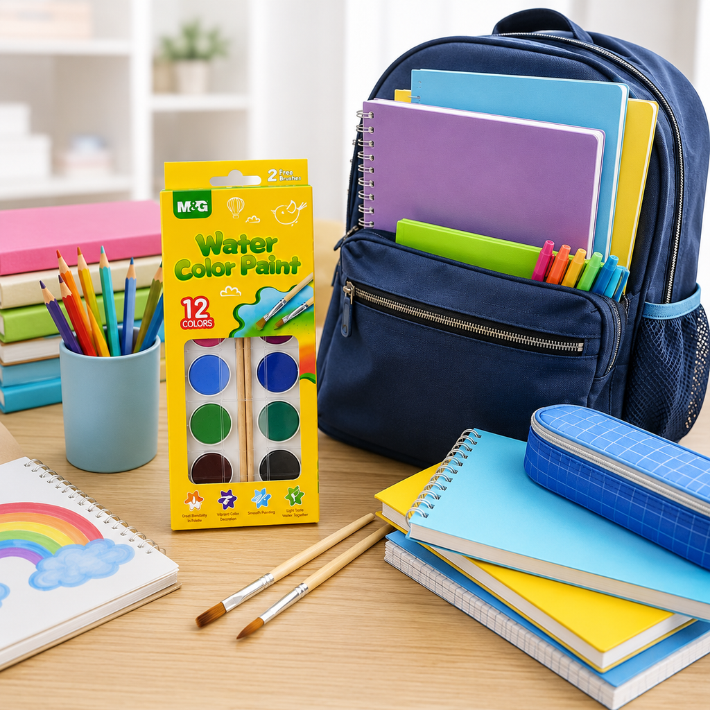 Boîte de Peinture Aquarelle M&G 12 Couleurs avec 2 Pinceaux – Kit Créatif Enfant