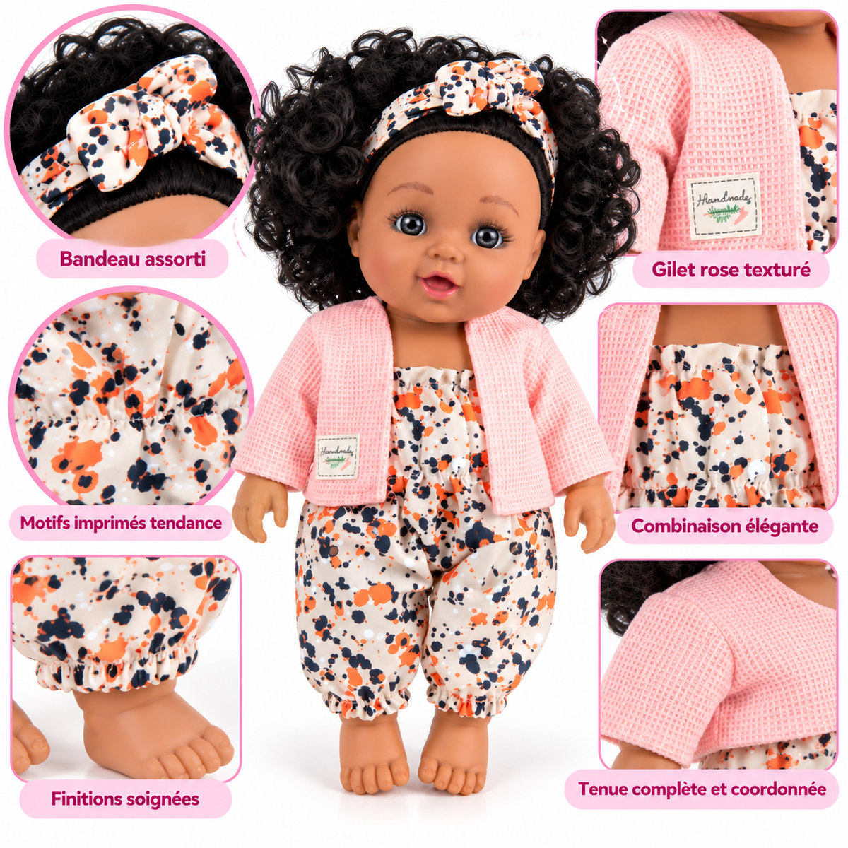 Poupée Bébé Fille Parlante 30 cm – Tenue Imprimée & Gilet Rose