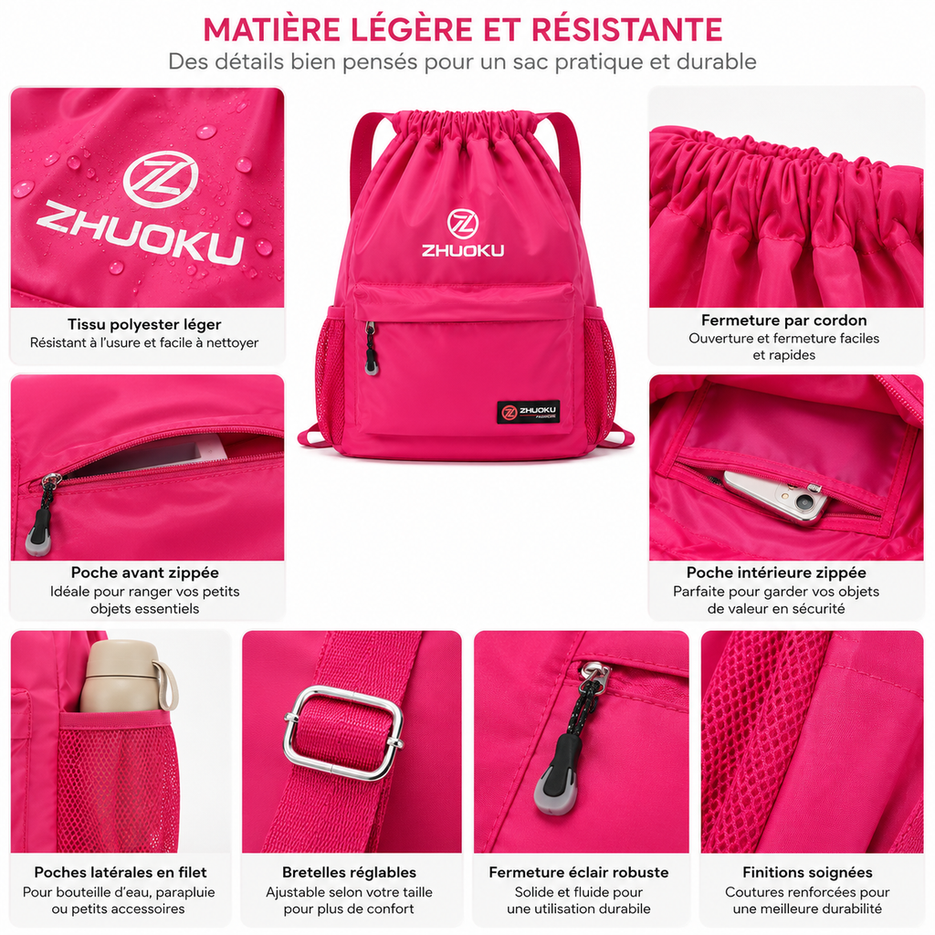 Sac à Dos à Cordon Rose Fuchsia 40 cm – Léger, Spacieux et Polyvalent