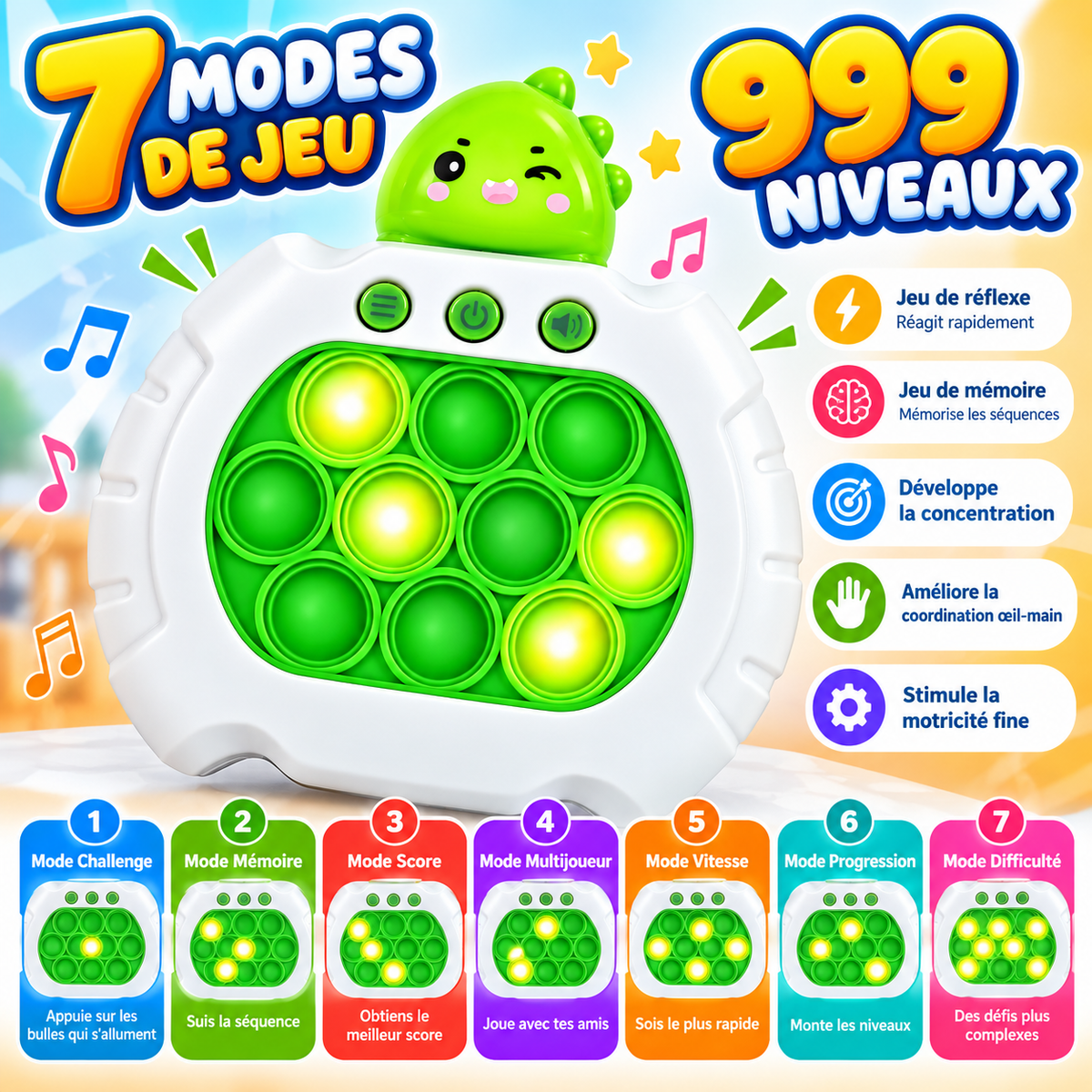 Console de Jeu Fast Push Pop It Dinosaure – 999 Niveaux – 7 Modes