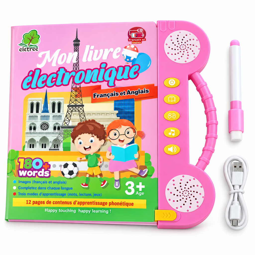 Livre Éducatif Électronique Bilingue Français–Anglais – 180+ Mots – Rose – Dès 3 Ans - Rechargeable