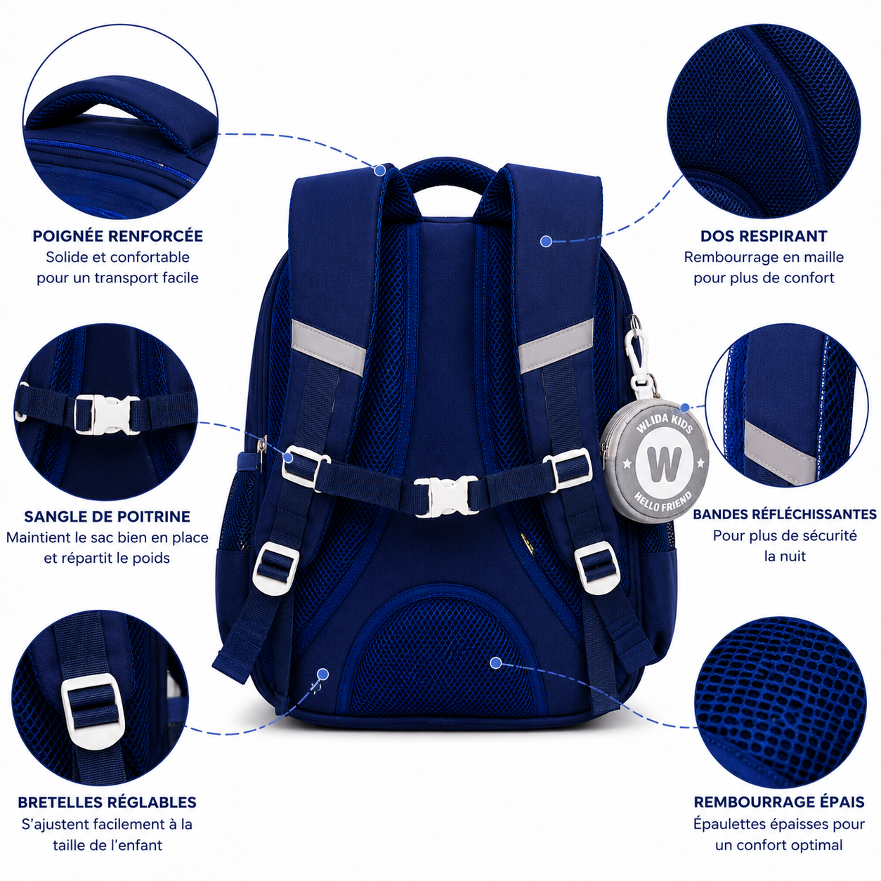 Sac à Dos Scolaire Enfant Wldkids Bleu - Classes de CE & CM – Grande Capacité avec Trousse Ronde Amovible