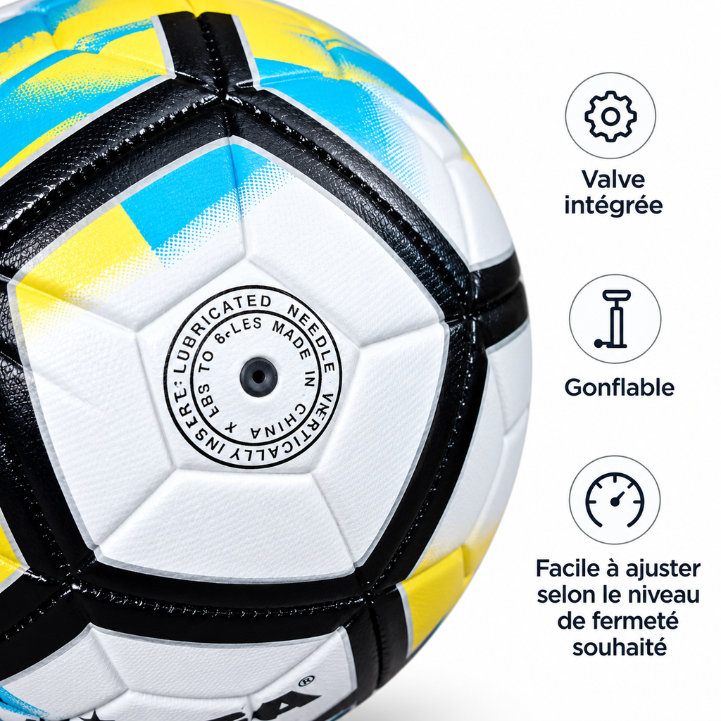 Ballon de Football Junior 6-9 ans MINSA SPORTS – 18 cm – Blanc, Noir, Jaune & Bleu