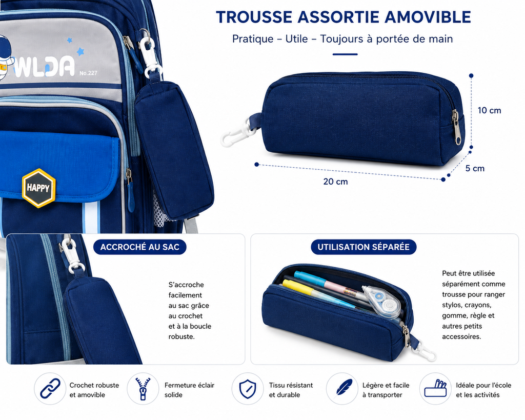 Sac à Dos Scolaire Enfant Astronaute WLDA – Grande Capacité pour Classes de CE et CM - 41 × 30 × 16 cm – Bleu