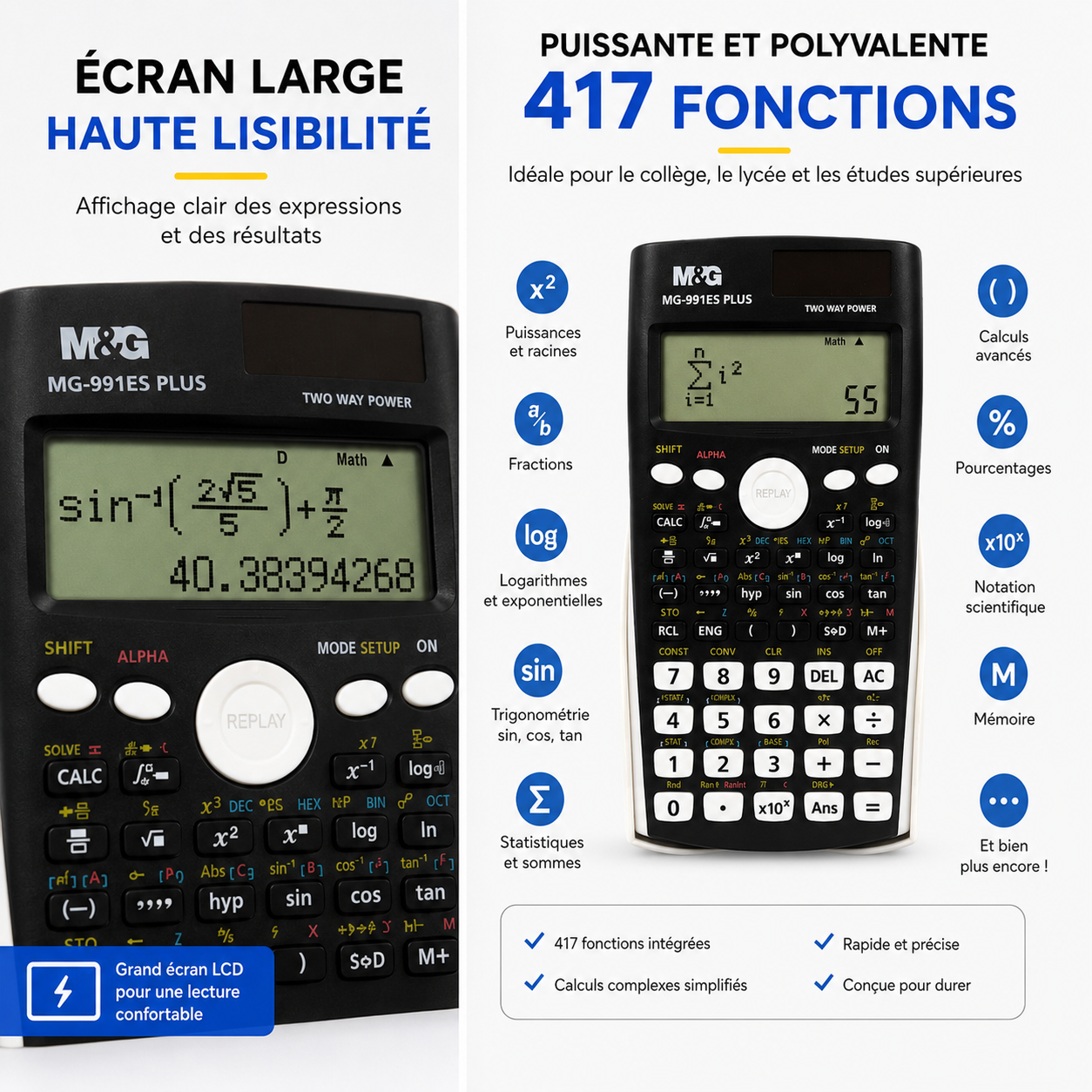 Calculatrice Scientifique M&G MG-991ES Plus – 417 Fonctions et Double Alimentation
