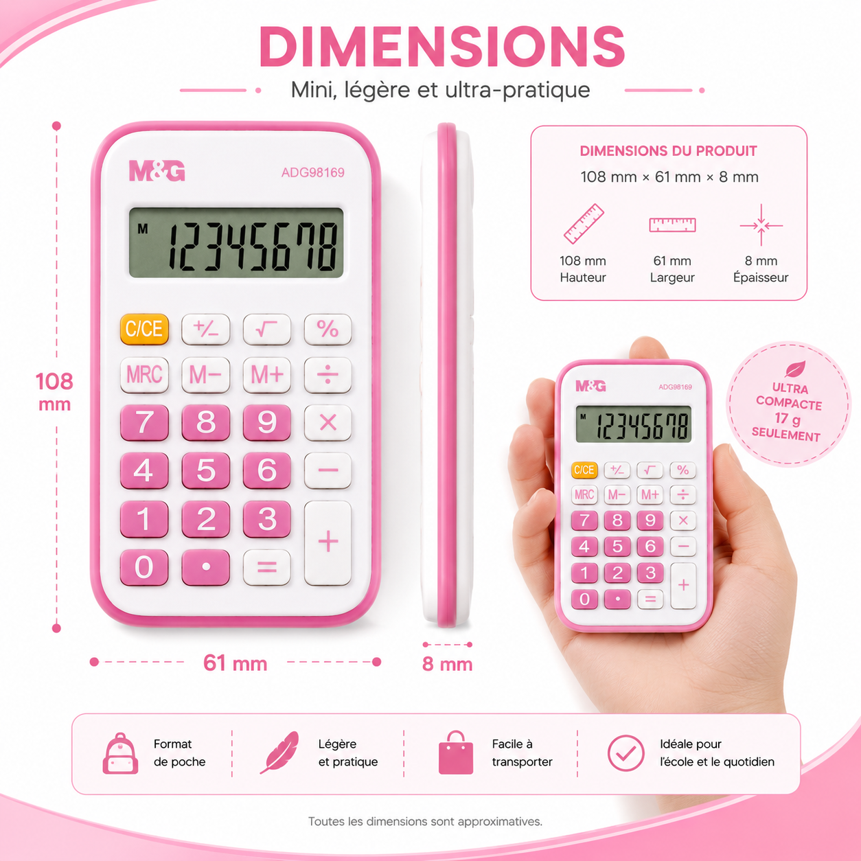 M&G Mini Calculatrice de Poche8 Chiffres – Rose & Blanche