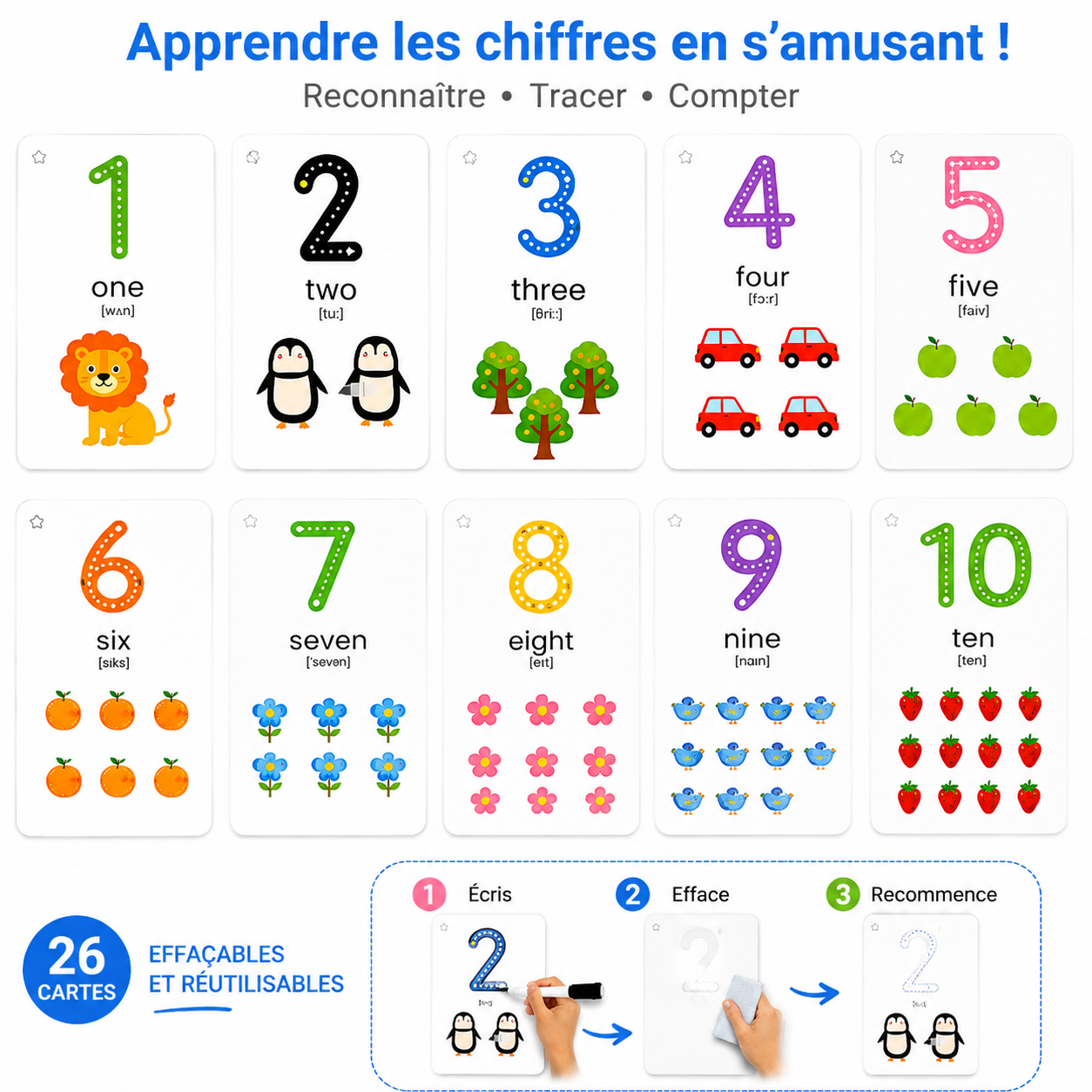 Cartes Chiffres Effaçables – Apprendre à écrire les nombres – 26 pièces