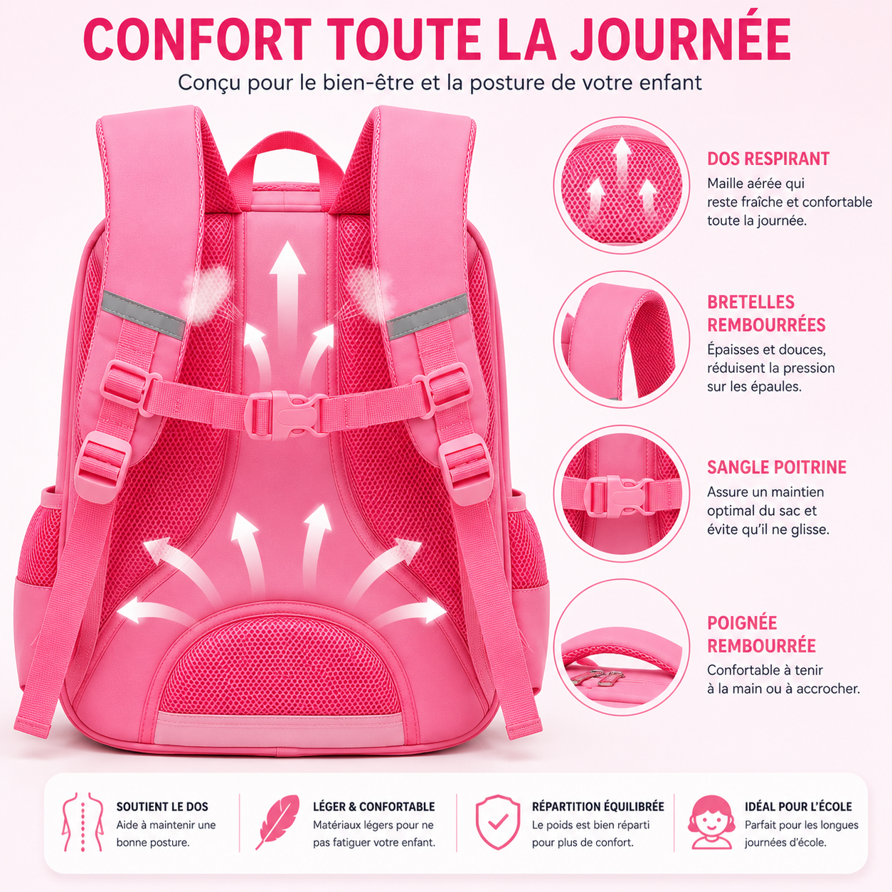 Sac à Dos Scolaire Fille Nuage & Planète - Rose - Classes de CM – Grande Capacité – Dos Respirant – Bretelles Rembourrées