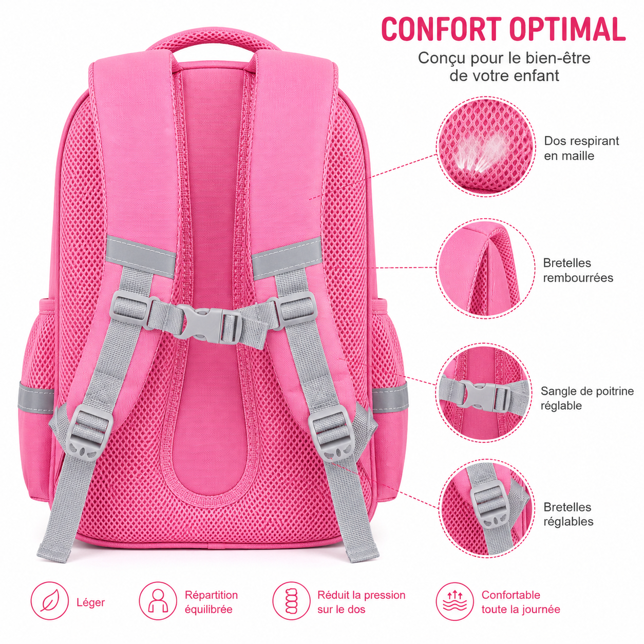 Sac à Dos Scolaire Enfant Wldkids Rose – Classes de CE & CM – Avec Trousse Ronde Amovible