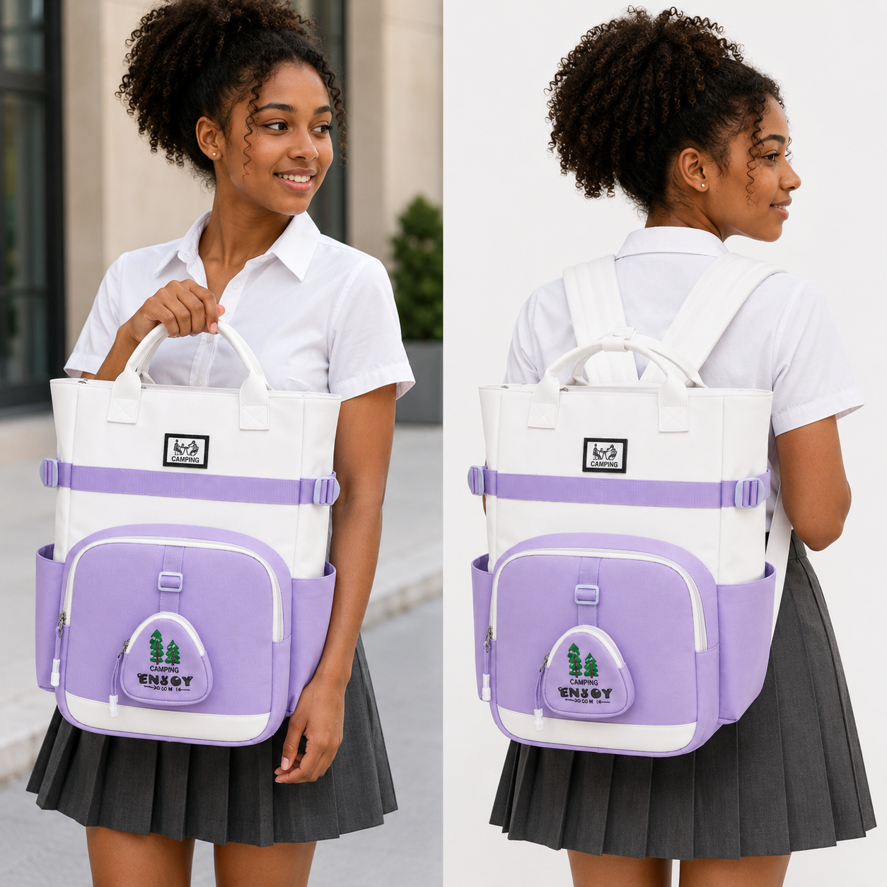 Sac à Dos Scolaire Fille Style Coréen en Toile - Mauve et Blanc – Collège et Lycée
