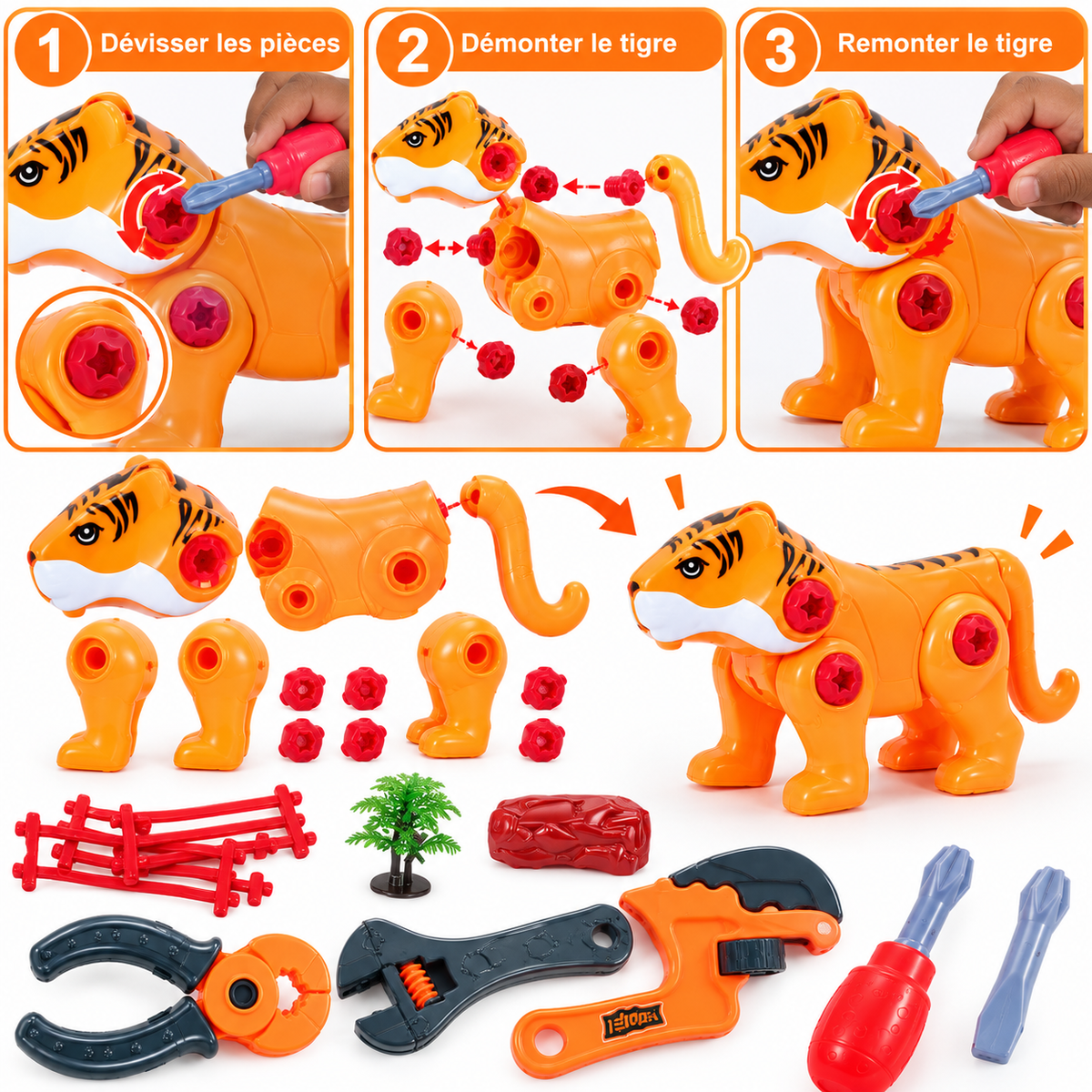 Set d’Outils Enfant avec Tigre Démontable – Jeu de Bricolage – 3 Ans+