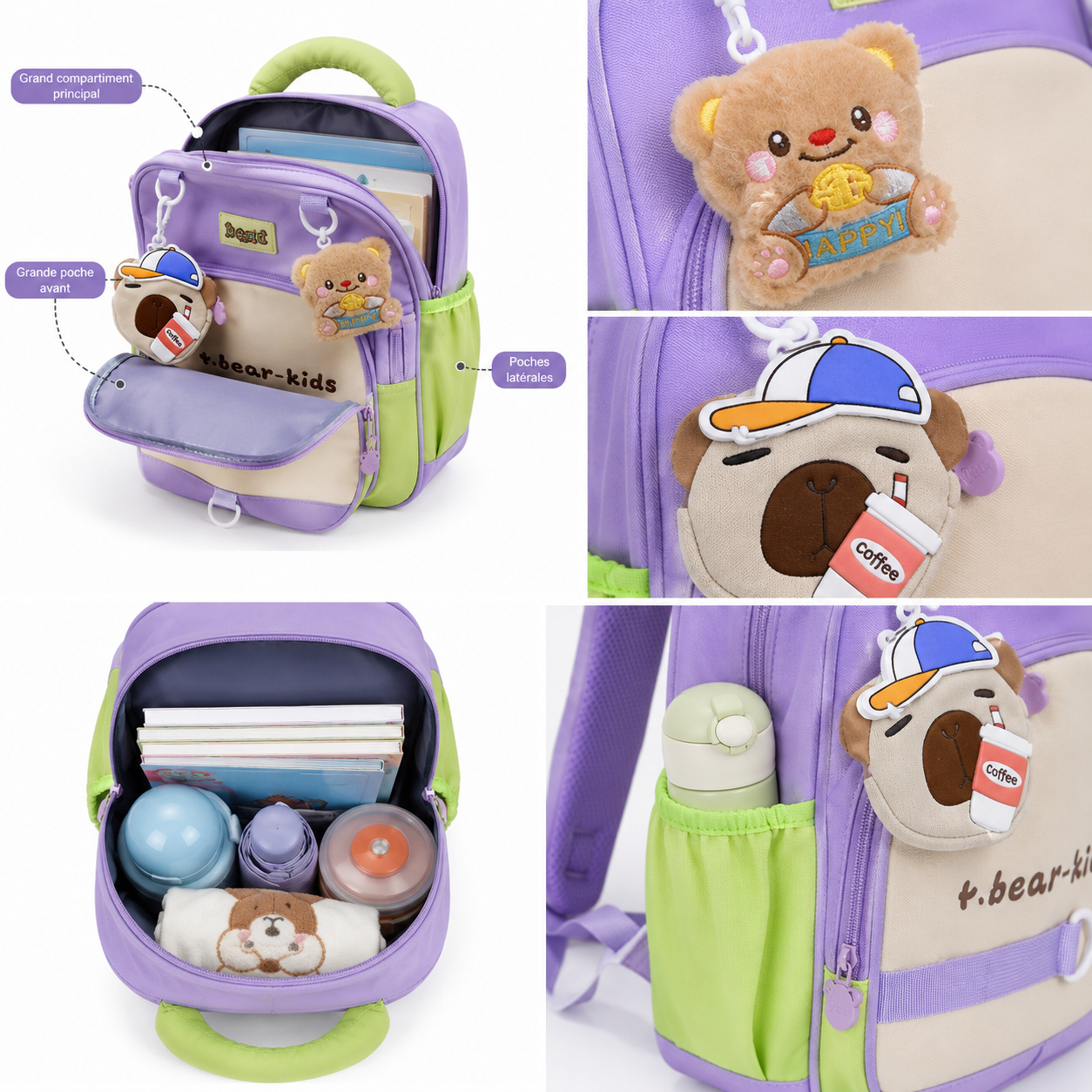 Sac à Dos Maternelle P.Bear Kids - Violet, Beige et Vert – 2 à 5 Ans