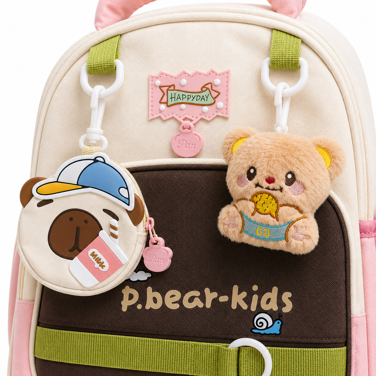 Sac à Dos Maternelle & CP P.Bear Kids Beige, Rose & Vert – 38 × 28 × 15 cm – 2 à 5 Ans