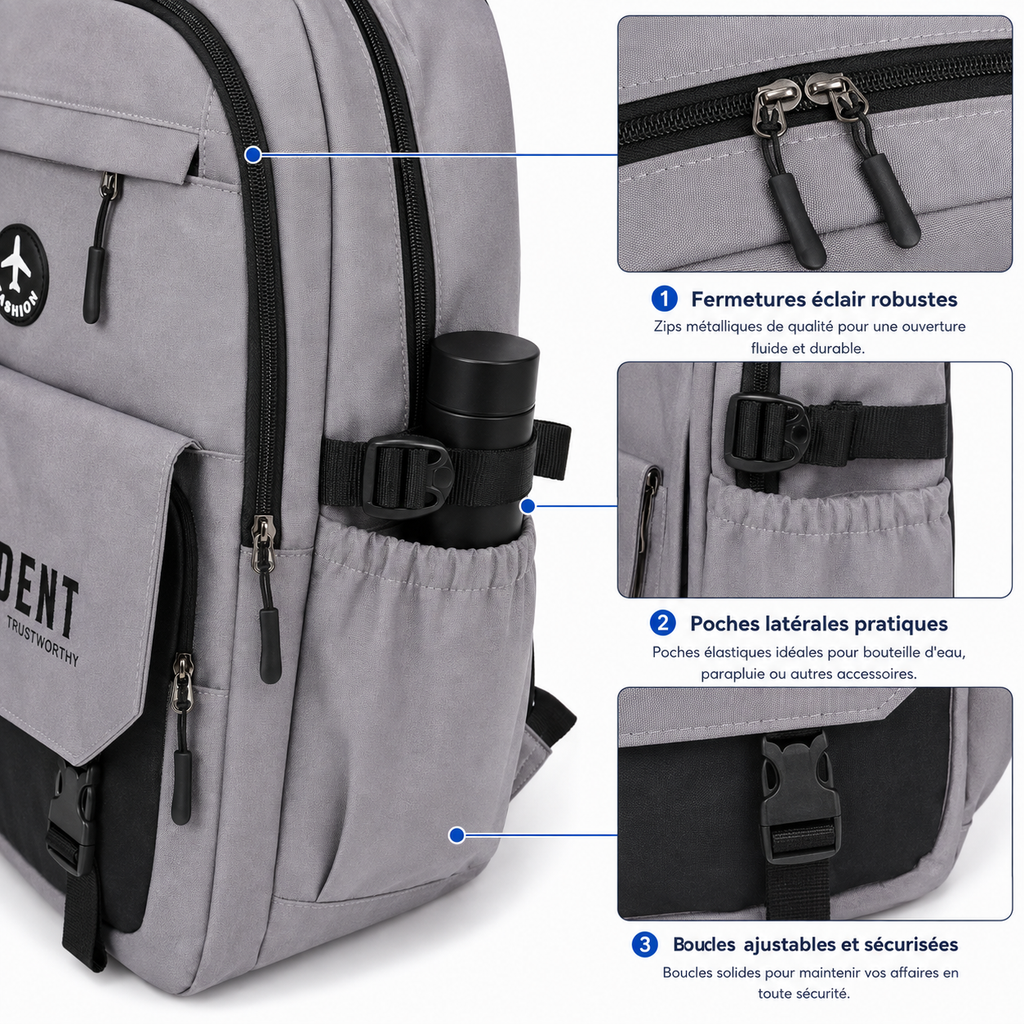 Sac à Dos Scolaire Confident Collège & Lycée - Grande Capacité 48 × 34 × 16 cm – Gris