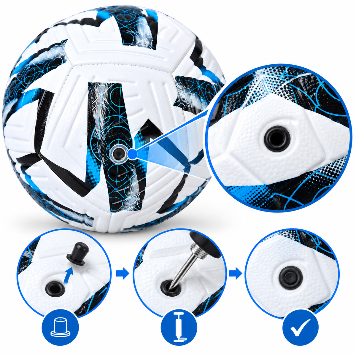 Ballon de Football Junior – 18 cm – Blanc, Noir & Bleu – 6 à 9 Ans
