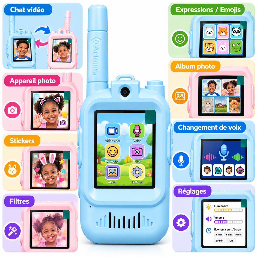 Talkie-Walkies Vidéo Enfant avec Écran 2", Caméra & Photos – Bleu + Rose – Lot de 2