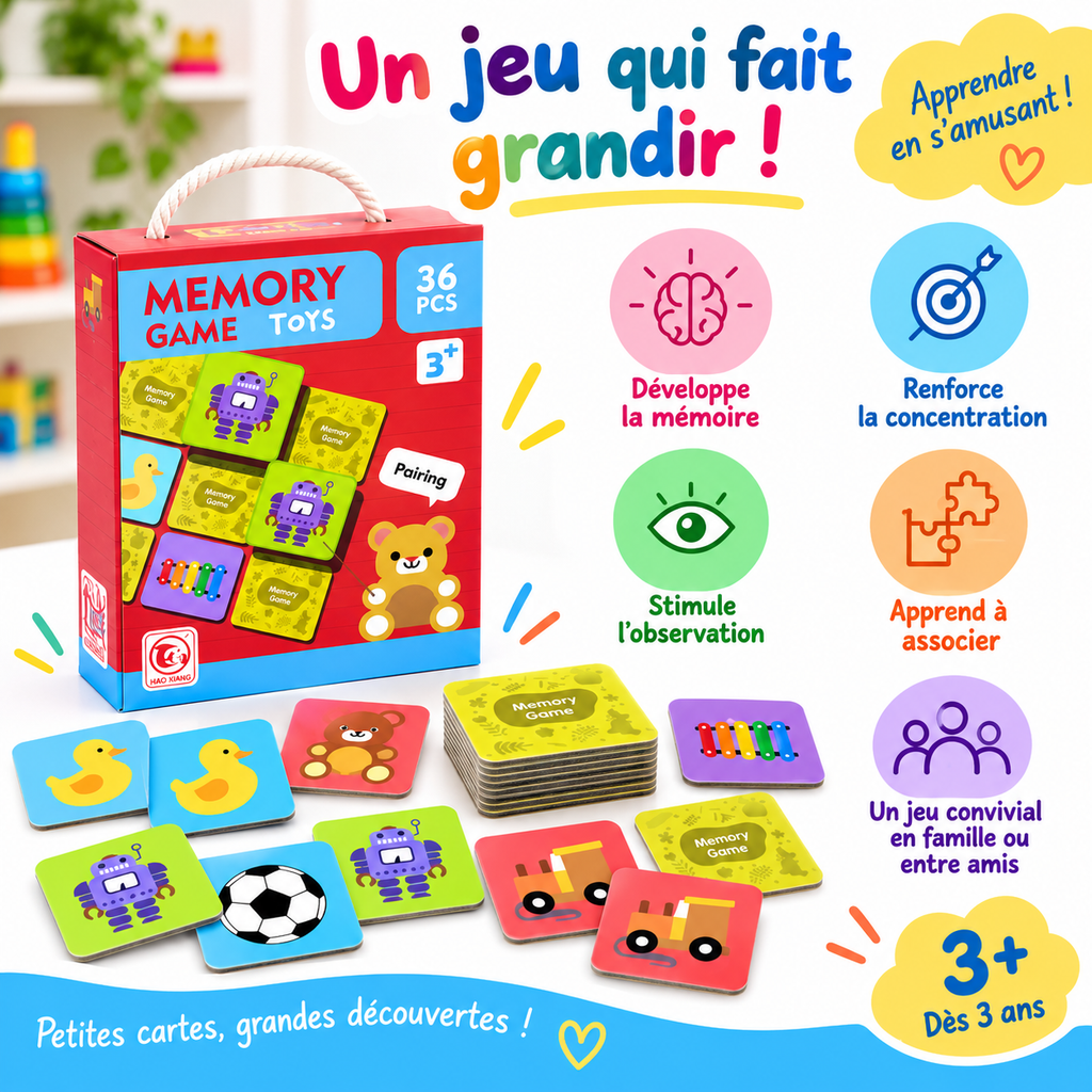 Jeu de Mémoire Enfant – 36 Cartes – Dès 3 Ans