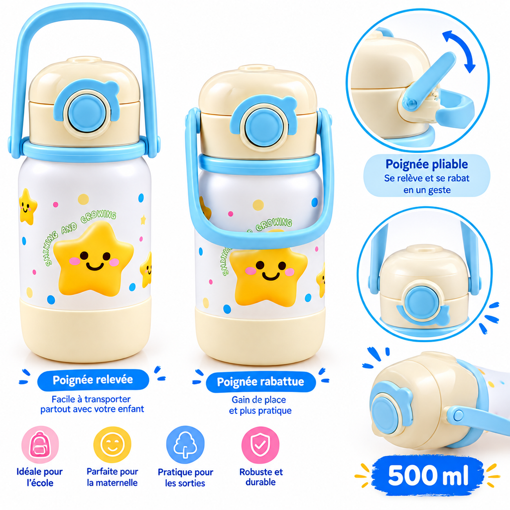 Gourde Enfant avec Paille, Poignée et Couvercle – Motif Étoile - 500 ml