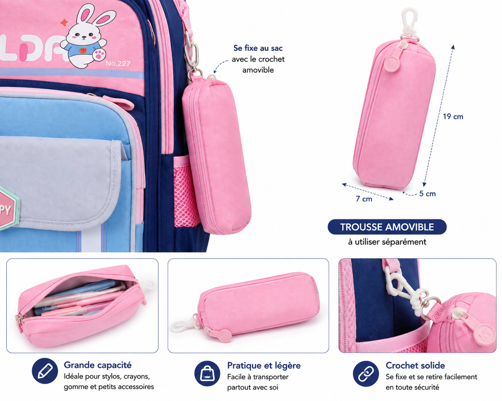 Sac à Dos Scolaire Enfant Lapin WLDA – Classes de CE & CM - Grande Capacité 41 × 30 × 16 cm – Bleu, Rose & Gris