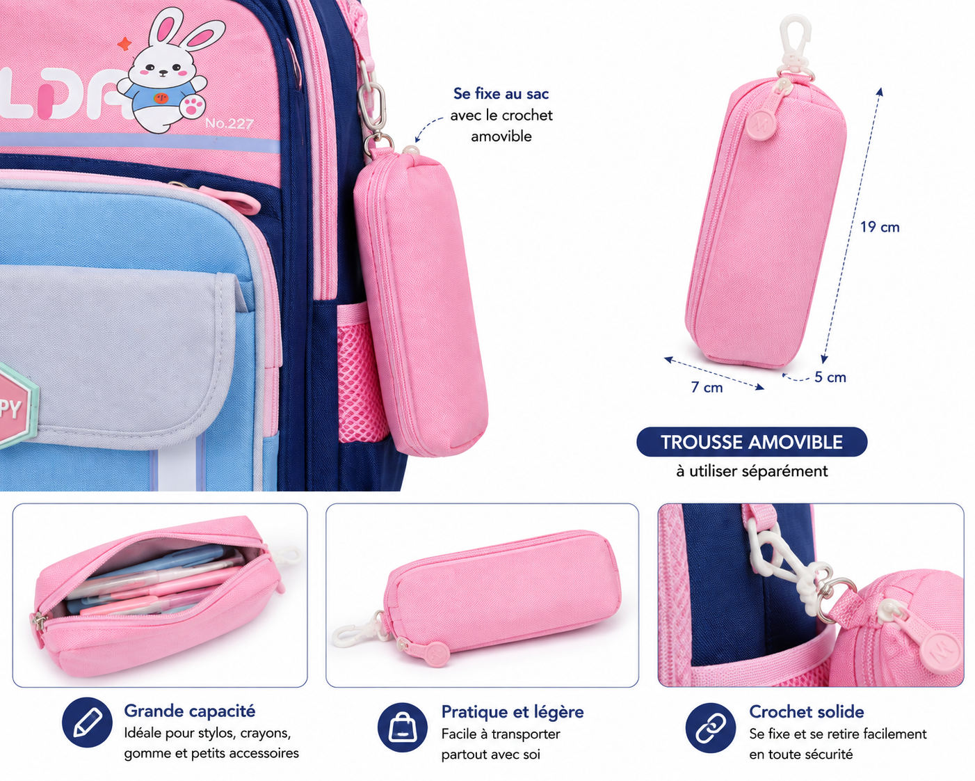 Sac à Dos Scolaire Enfant Lapin WLDA – Classes de CE & CM - Grande Capacité 41 × 30 × 16 cm – Bleu, Rose & Gris