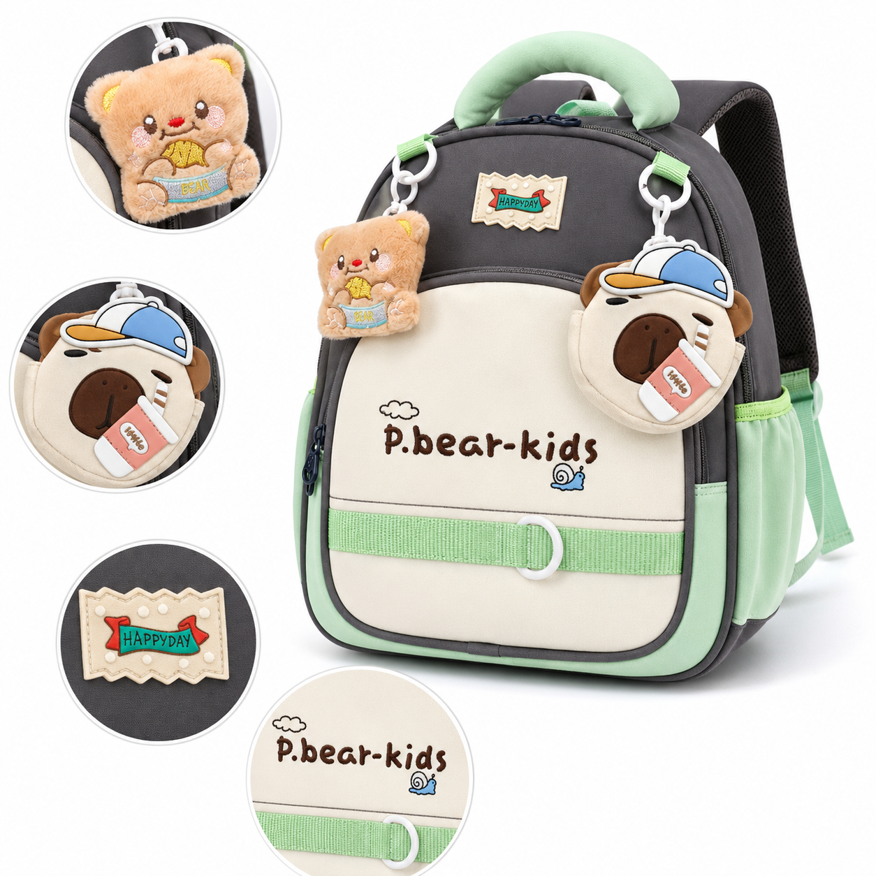 Sac à Dos Maternelle P.Bear Kids Gris, Beige et Vert – Enfant 2 à 5 Ans