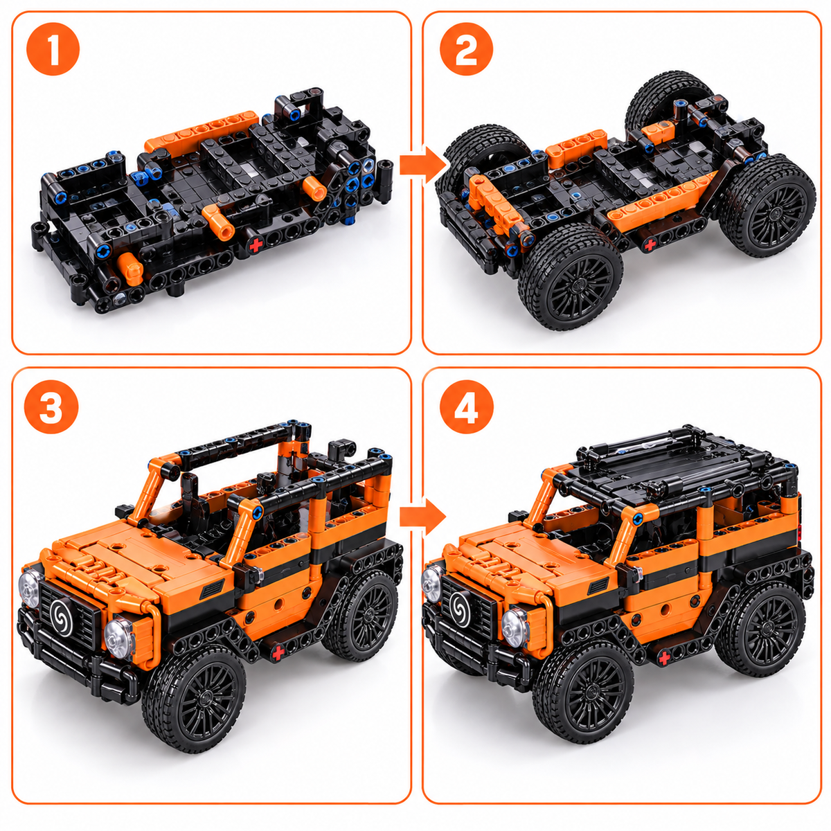 4x4 à Construire en Briques 12 x 11 x 22 cm – Véhicule Tout-Terrain Orange & Noir – 15 Ans+