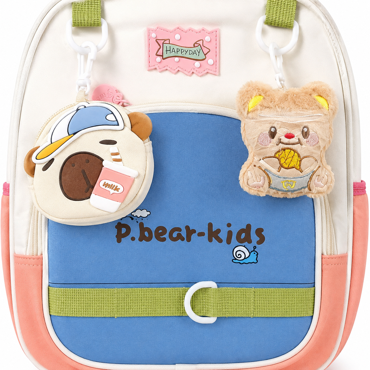 Sac à Dos Maternelle & CP P.Bear Kids Bleu, Rose & Vert – 38 × 28 × 15 cm – 2 à 5 Ans