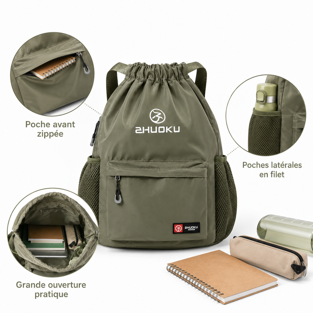 Sac à Dos à Cordon Vert Kaki - 40 cm – Léger, Spacieux et Polyvalent