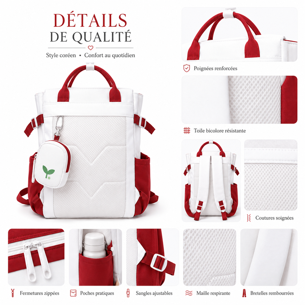 Sac à Dos Scolaire Fille Style Coréen en Toile - Rouge et Blanc – Collège & Lycée