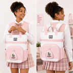 Sac à Dos Scolaire Fille Style Coréen en Toile - Rose et Blanc- Collège & Lycées