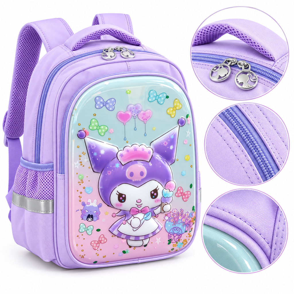 Sac à Dos Fille Kuromi Lilas 3D à Paillettes Mobiles - Classes de CE & CM – 38 × 30 × 17 cm