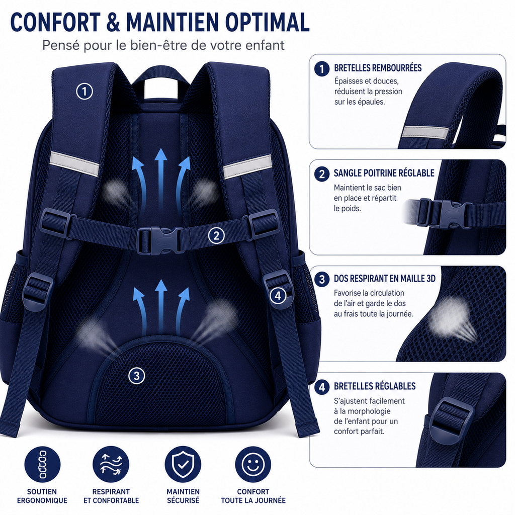 Sac à Dos Scolaire Enfant Dinosaure Bleu Marine & Bleu Royal - Classes de CM – Grande Capacité – Dos Respirant – Bretelles Rembourrées