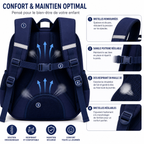 Sac à Dos Scolaire Enfant Dinosaure Bleu Marine & Bleu Royal - Classes de CM – Grande Capacité – Dos Respirant – Bretelles Rembourrées