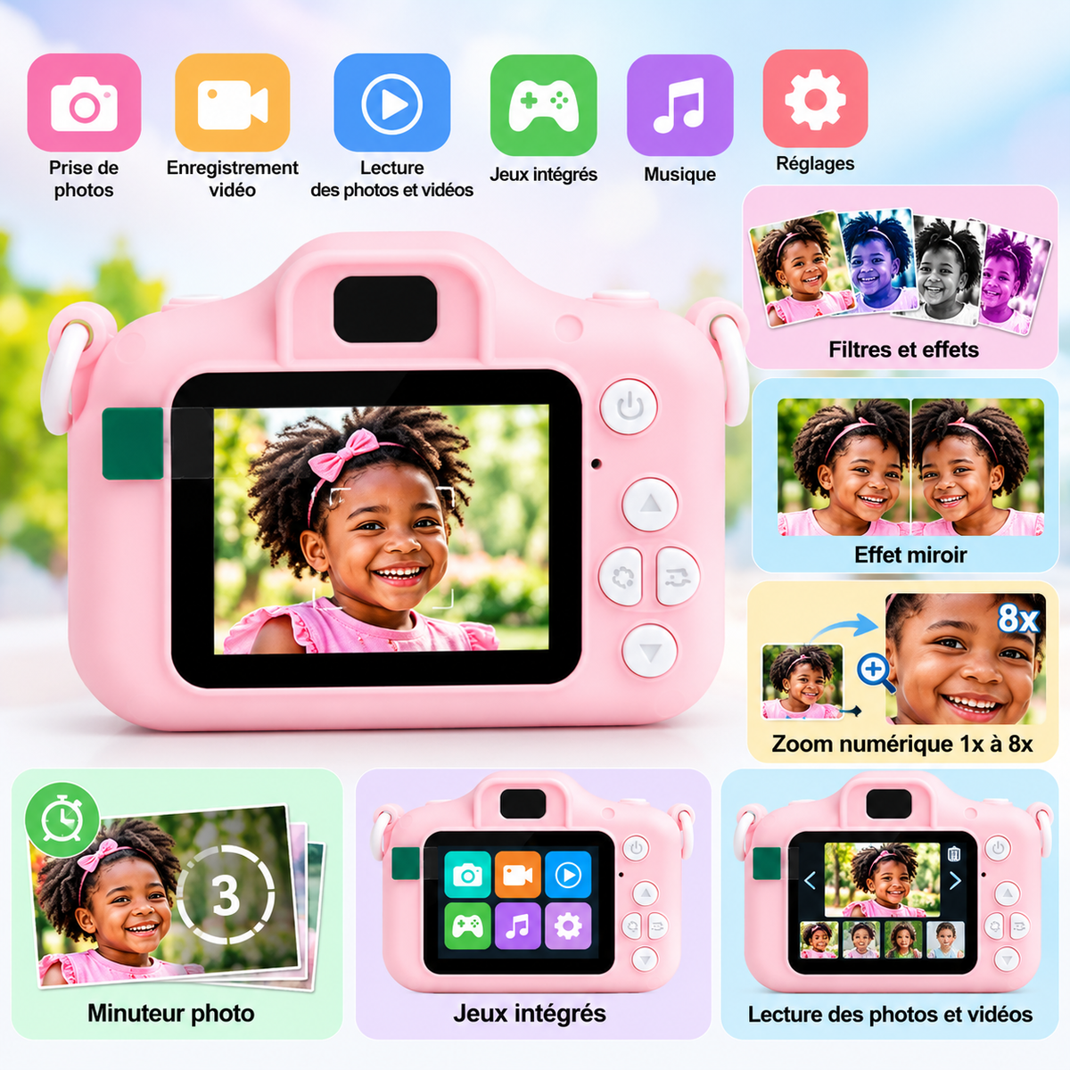 Appareil Photo Numérique Enfant Licorne avec Écran 2" – Photo, Vidéo & Jeux – Rose ou Bleu