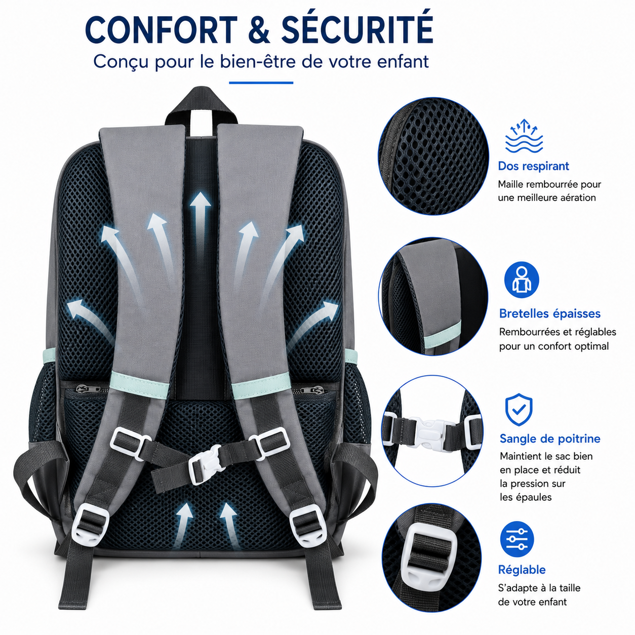 Sac à Dos Scolaire Enfant Dinosaure Classes de CM – Grande Capacité – Confort & Sécurité - Bleu