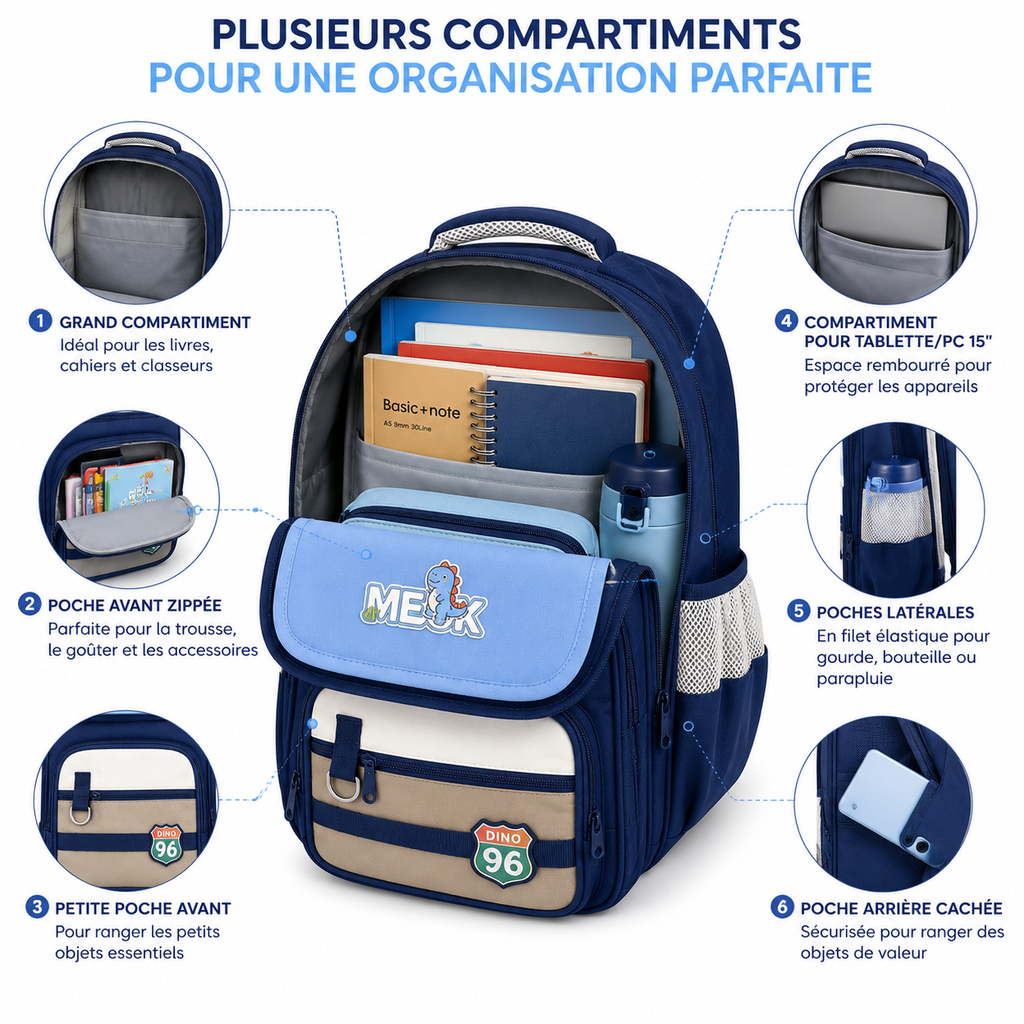 Sac à Dos Scolaire Enfant Dino pour Classes de CM – Léger, Ergonomique & Ultra Résistant